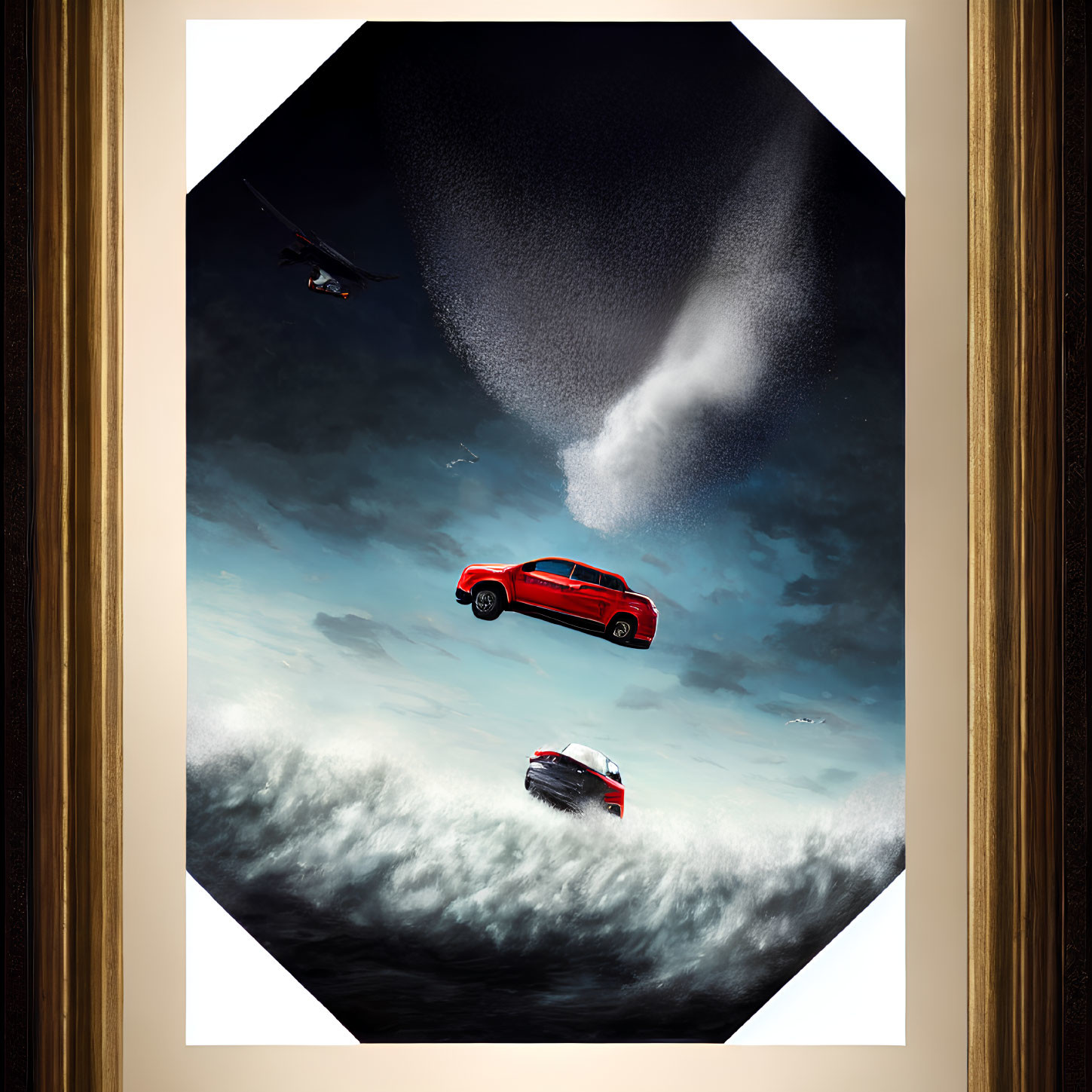 Surreal artwork: Red car jumping from stormy sea into tornado with helicopter overhead