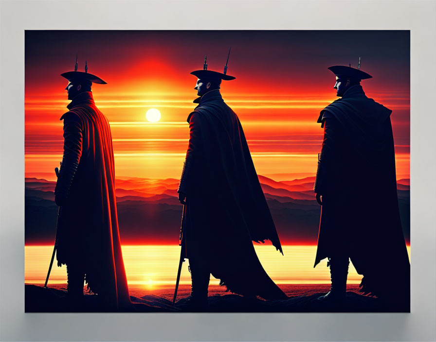 Silhouetted samurai against vibrant red sunset with mountains.