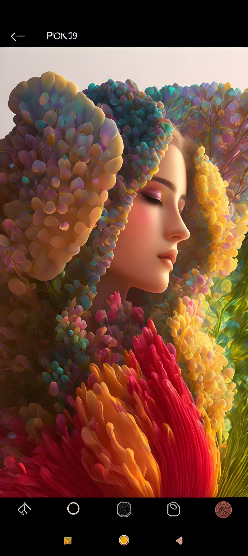 Colorful floral and feather integration in woman's hair illustration