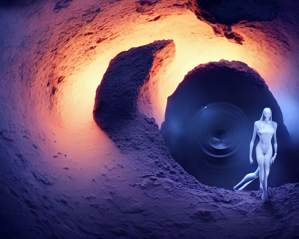 Surreal humanoid figure in cave with glowing orange and blue light