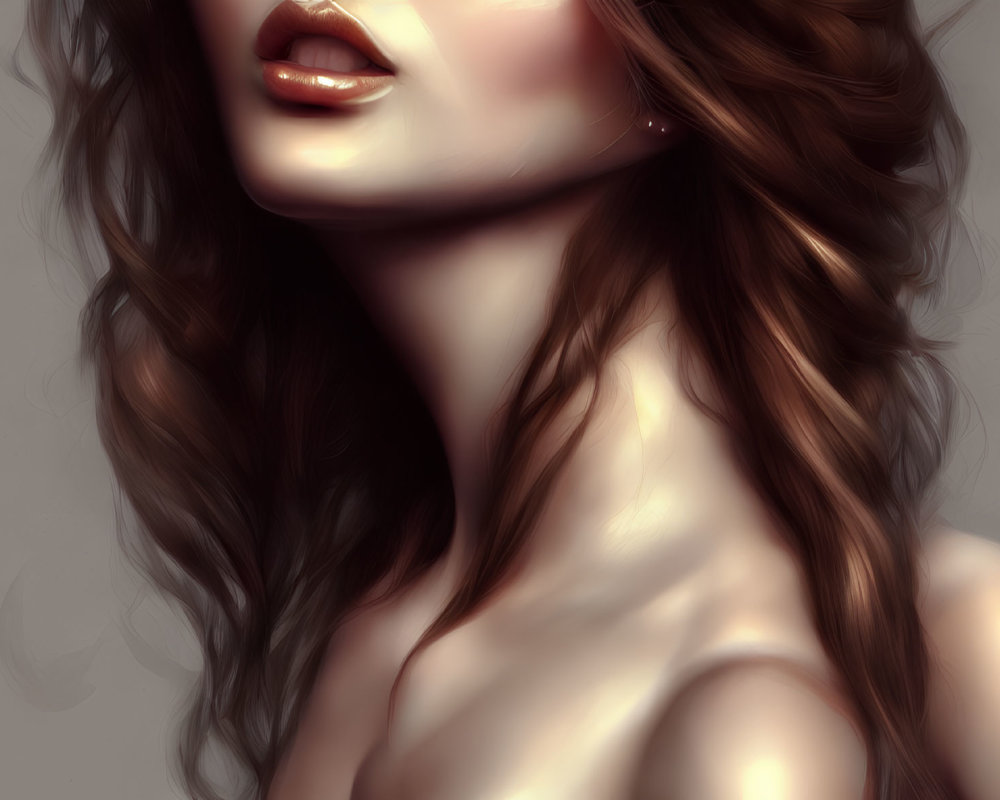 Portrait of woman with full lips and wavy hair in soft tones