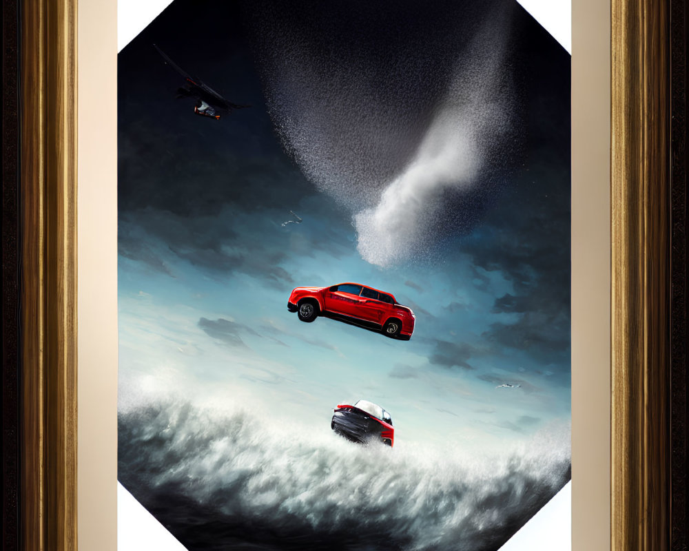 Surreal artwork: Red car jumping from stormy sea into tornado with helicopter overhead