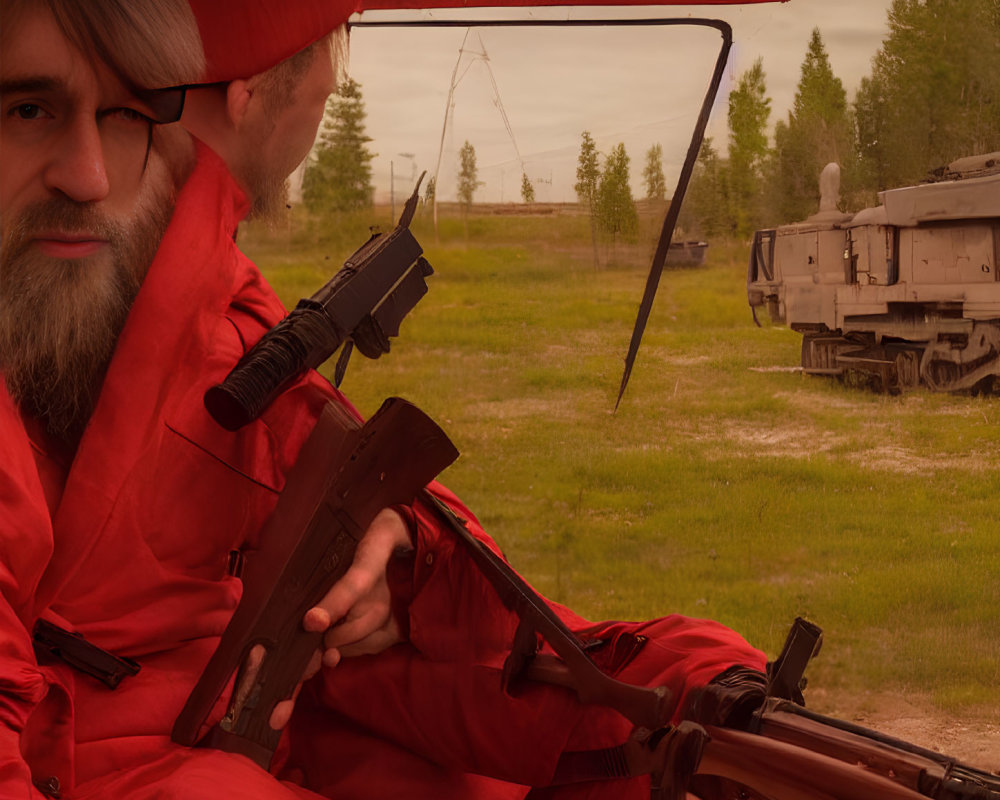 Two men in red outfits with rifles in military setting.