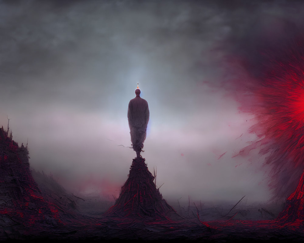 Surreal landscape with solitary figure on spire, rocky formations, dark sky, red celestial body