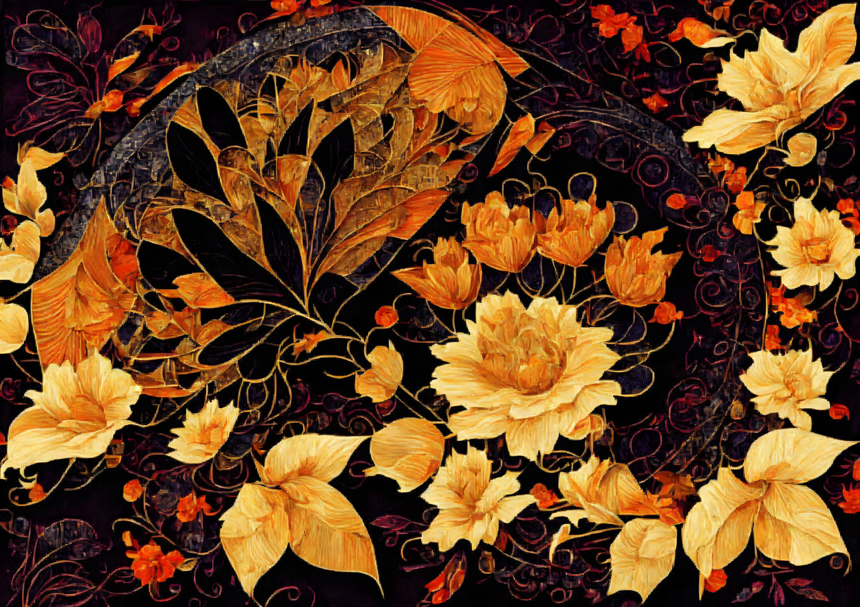 Colorful digital art: golden-yellow and orange flowers on dark background