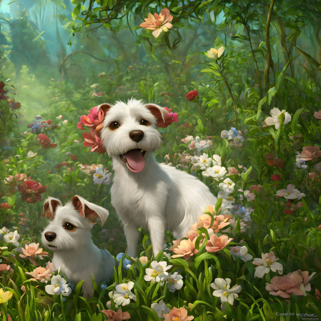 Two joyful dogs in vibrant flower-filled forest clearing