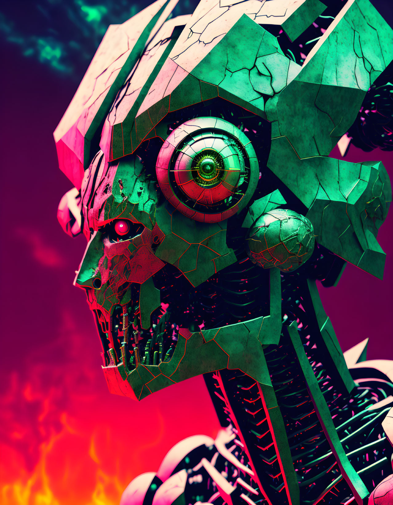 Colorful digital art: fractured mechanical skull with robotic eye on fiery backdrop