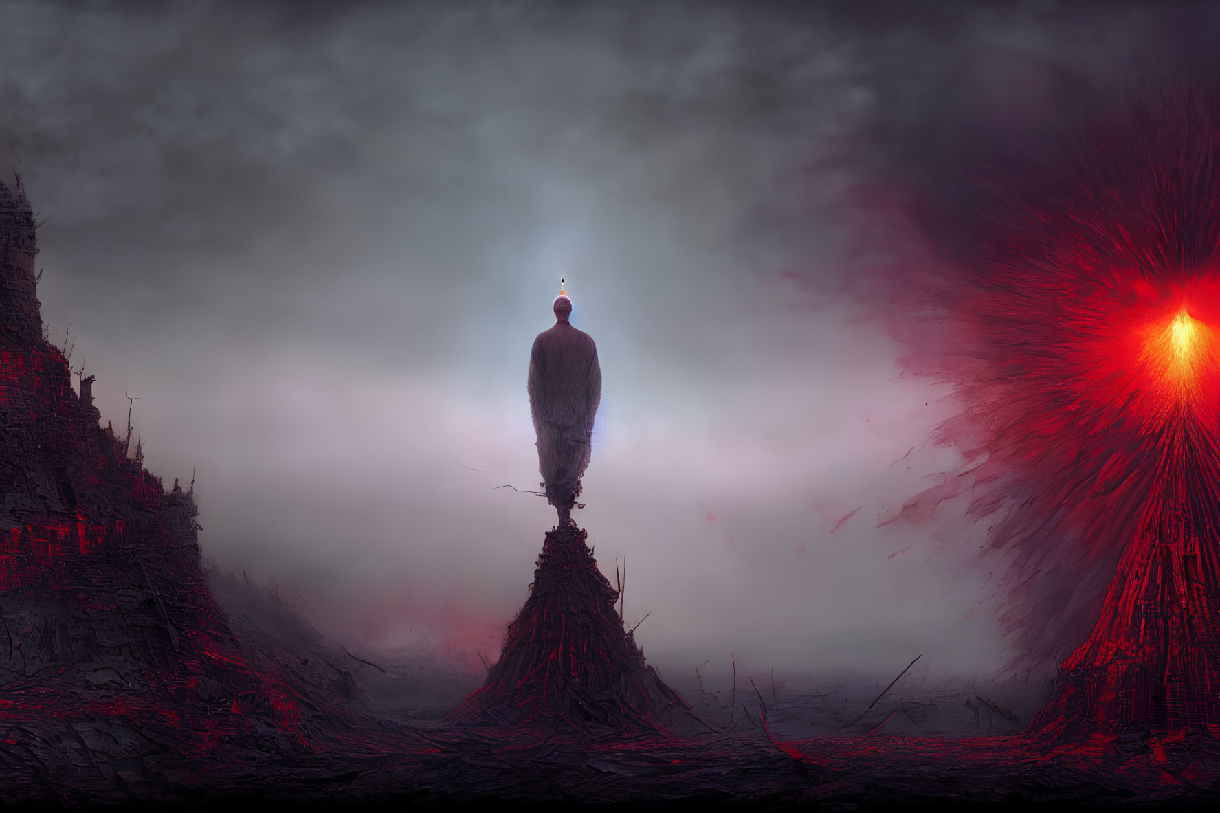 Surreal landscape with solitary figure on spire, rocky formations, dark sky, red celestial body