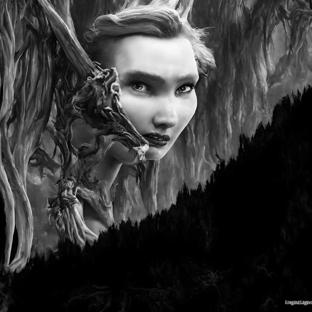 Monochrome fantasy artwork: Woman's face in tree trunks