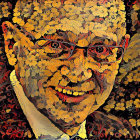 Digital collage featuring textured face, glasses, and vibrant mosaic background