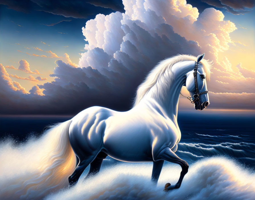 Majestic white horse running on shore with dramatic sky.