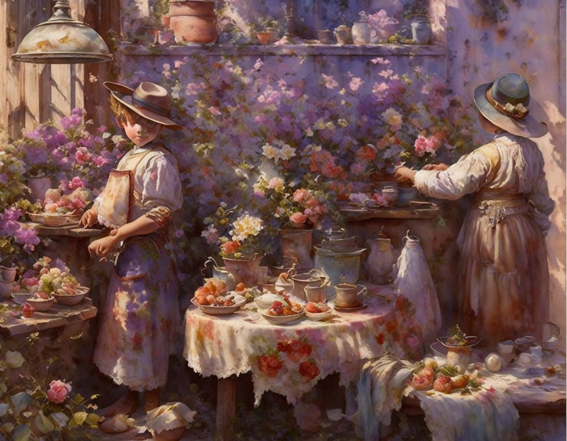 Vintage Attired Women at Table with Teapots in Flowering Garden