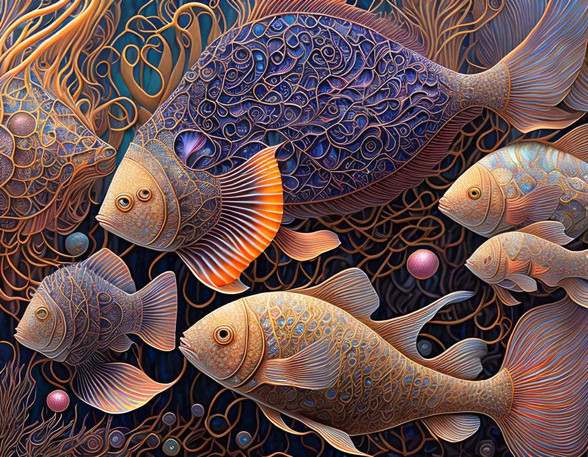 Stylized ornate fish with intricate patterns in vibrant digital artwork