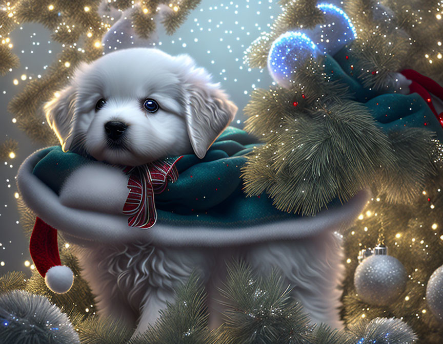 White Puppy in Christmas Wreath with Snowflakes & Decorations