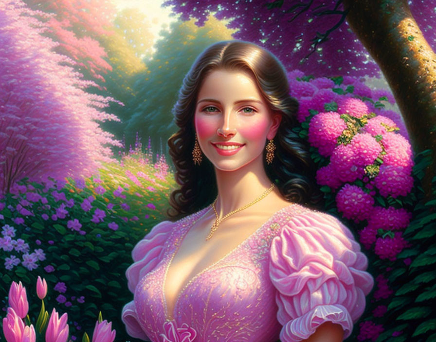 Radiant woman in pink gown surrounded by blooming flowers