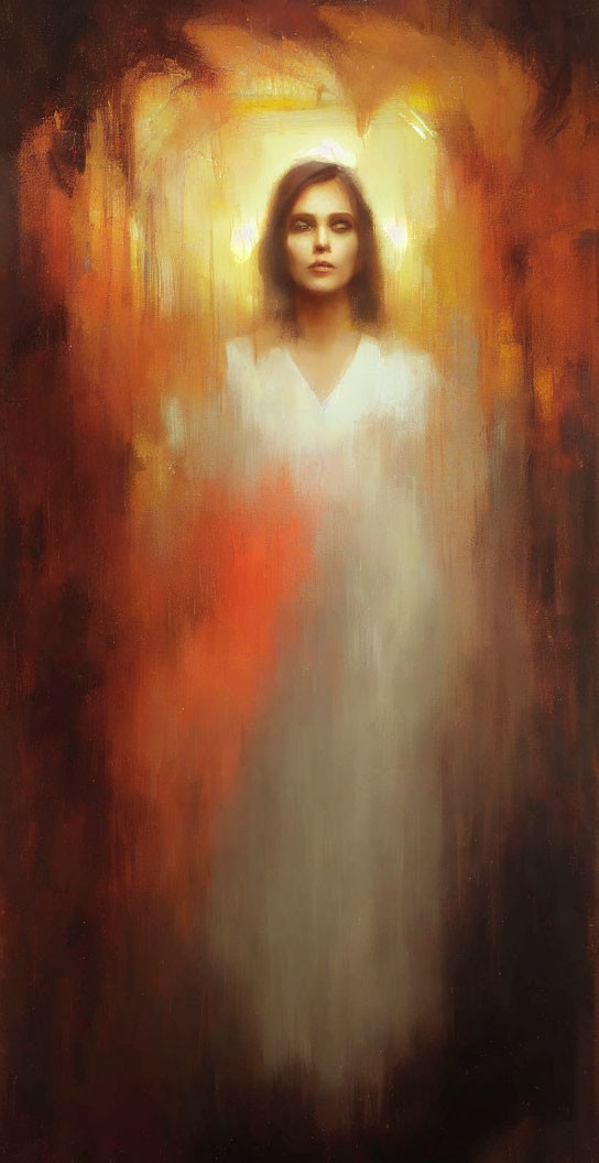 Woman in white with halo effect against warm-toned backdrop