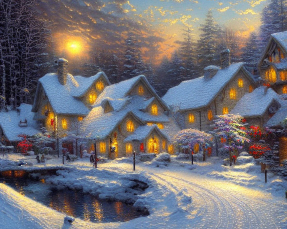 Snowy Village at Sunset: Illuminated Houses, Frozen Pond, and Winter Flora