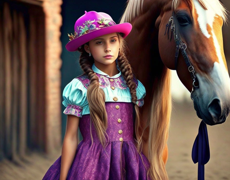 Girl in purple and blue dress with matching hat standing beside horse at stable