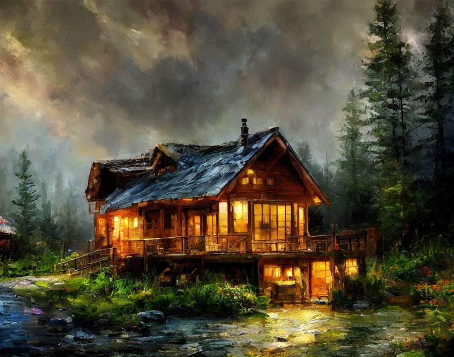 Rustic cabin painting by stream with dramatic sky