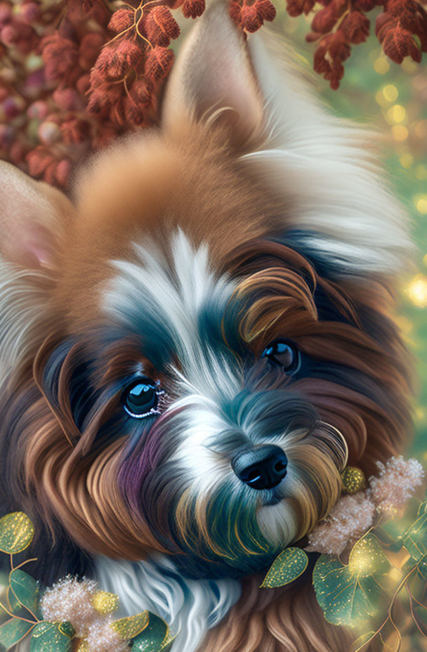 Fluffy dog digital art with expressive blue eyes and floral background