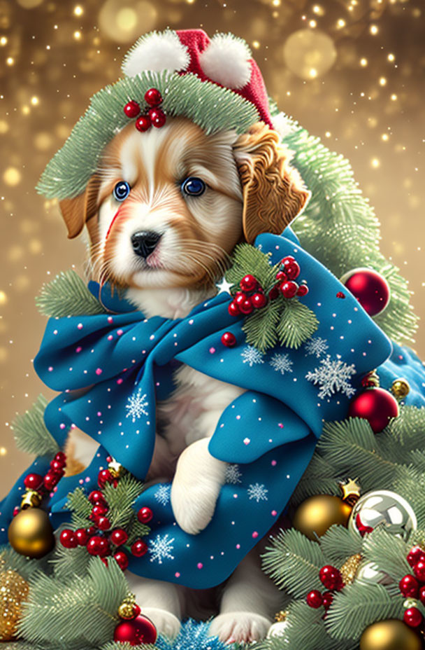 Christmas Puppy and Tree