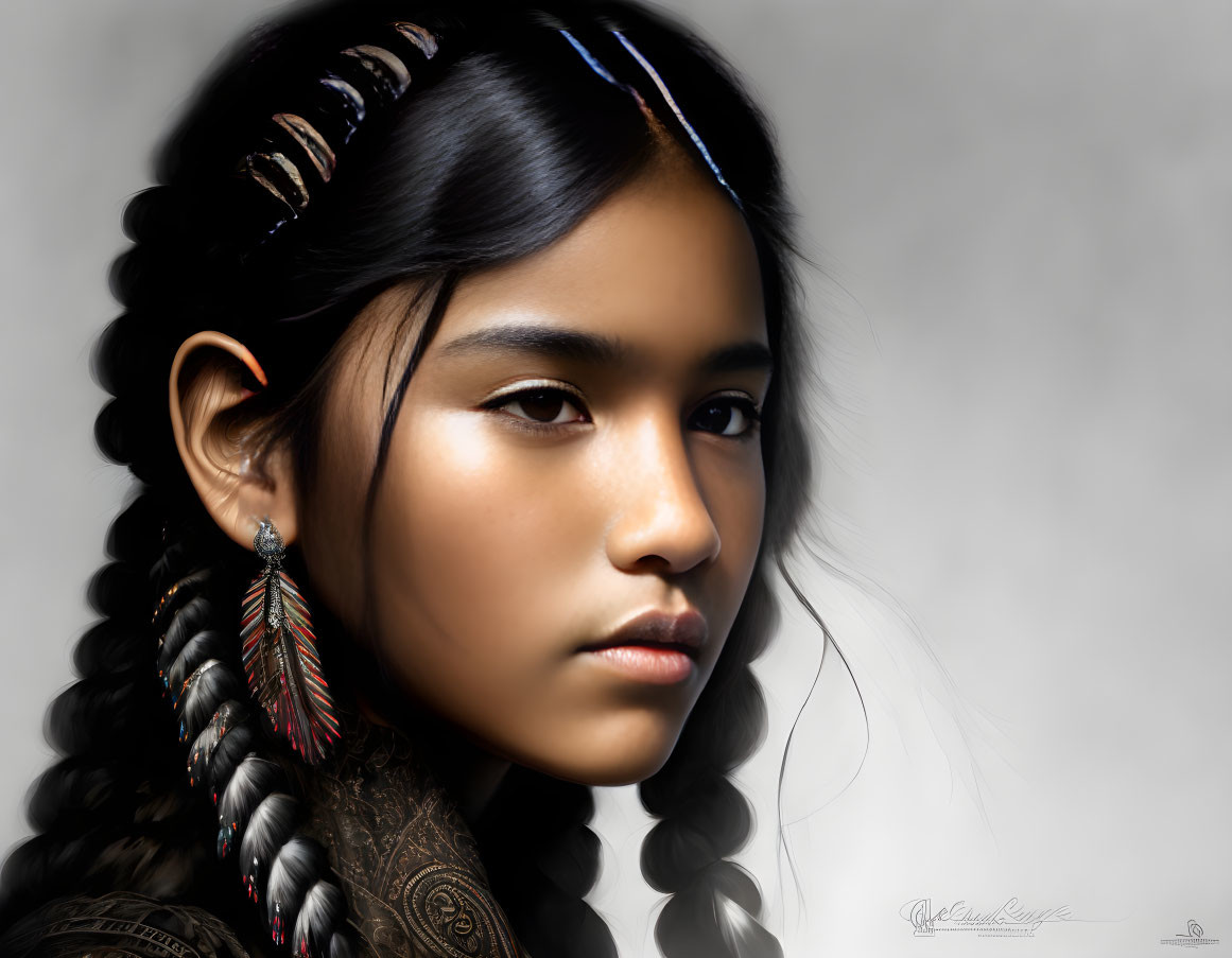 Portrait of young girl with braided hair, feathers, beads, and contemplative expression