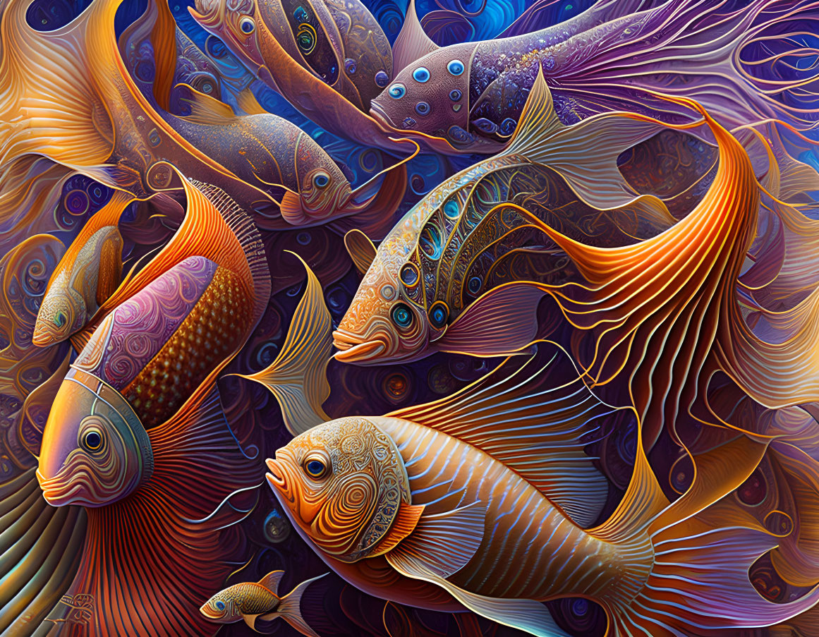 Colorful Stylized Fish Swimming Among Ornate Aquatic Plants