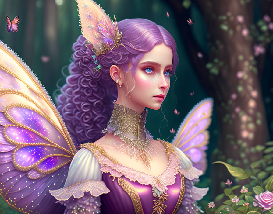 Purple-haired fairy in Victorian gown with ornate wings in garden.