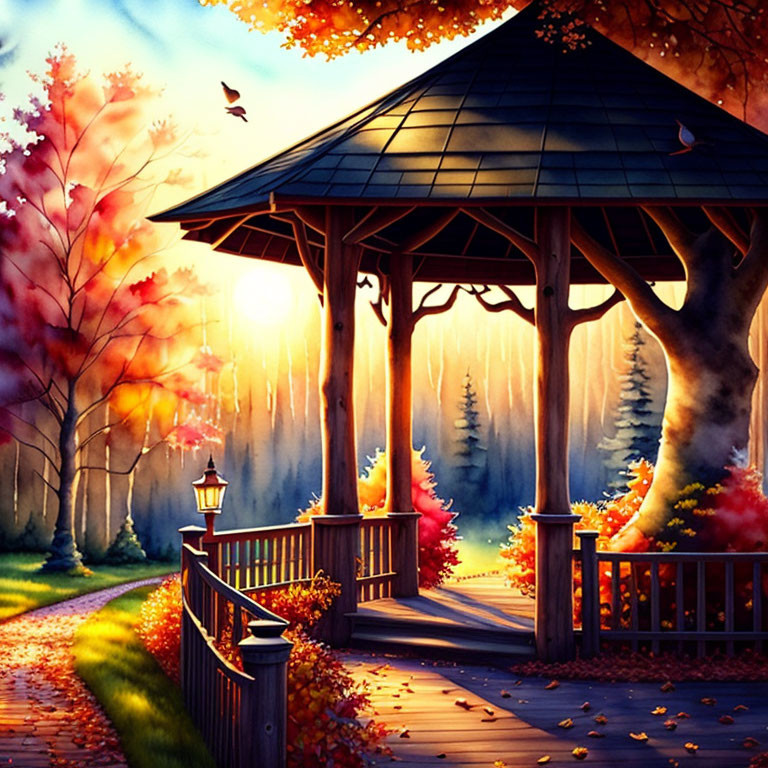 Autumn park gazebo illustration at sunset with colorful foliage