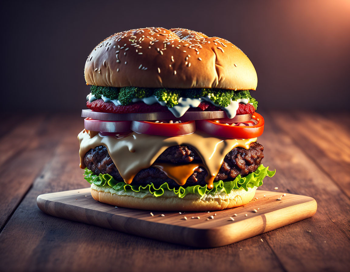 Delicious Double Cheeseburger with Fresh Ingredients on Sesame Bun