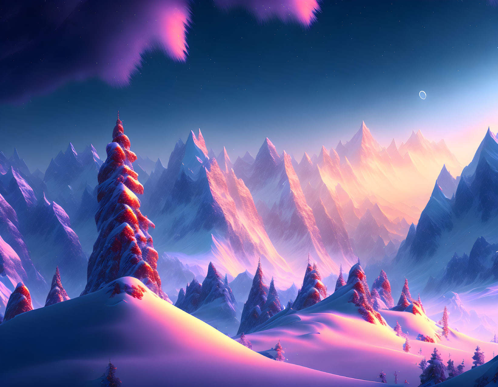 Twilight snow-covered mountain with pink and orange sky