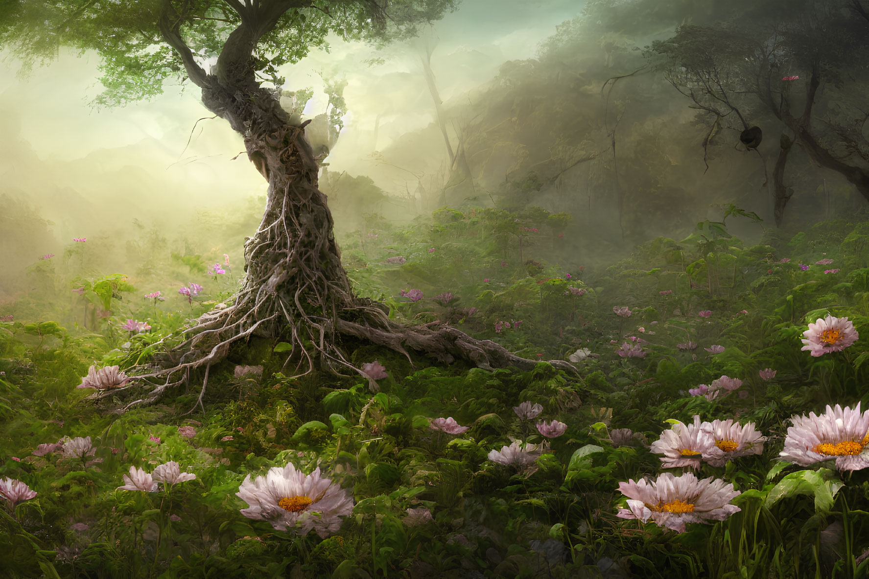 Ancient tree in mystical forest with lush greenery and pink flowers