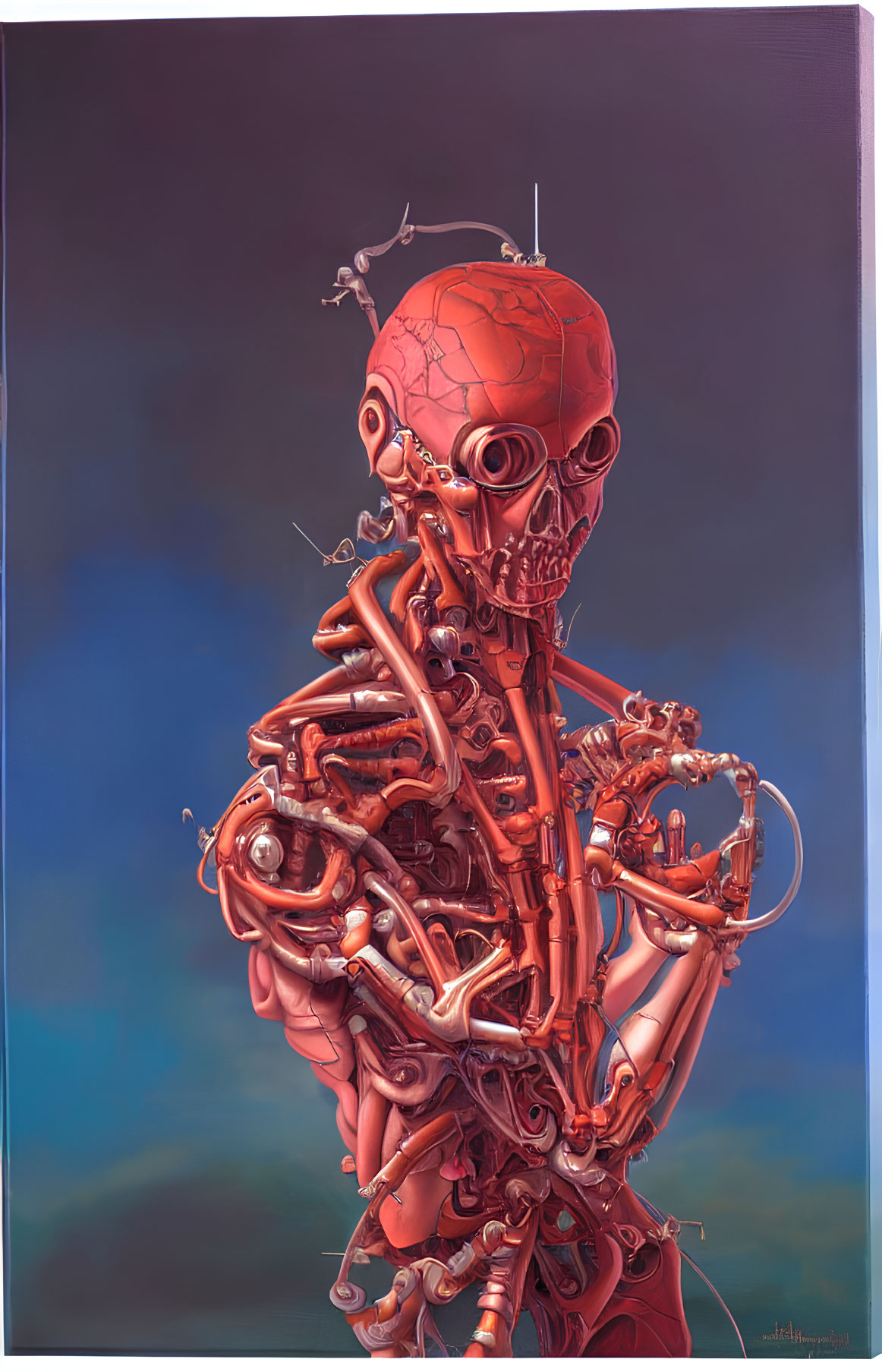 Detailed Mechanical Skeleton Artwork with Red Pipes on Blue and Green Background