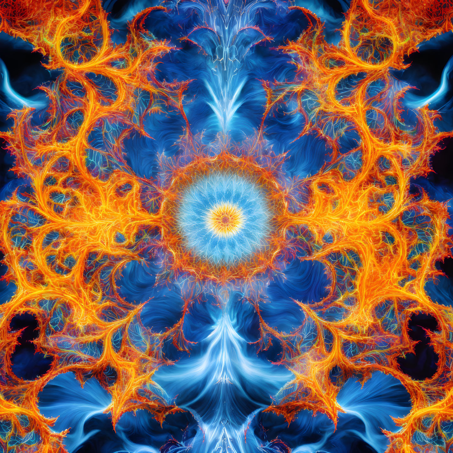 Colorful Fractal Design with Orange Patterns on Blue Circle