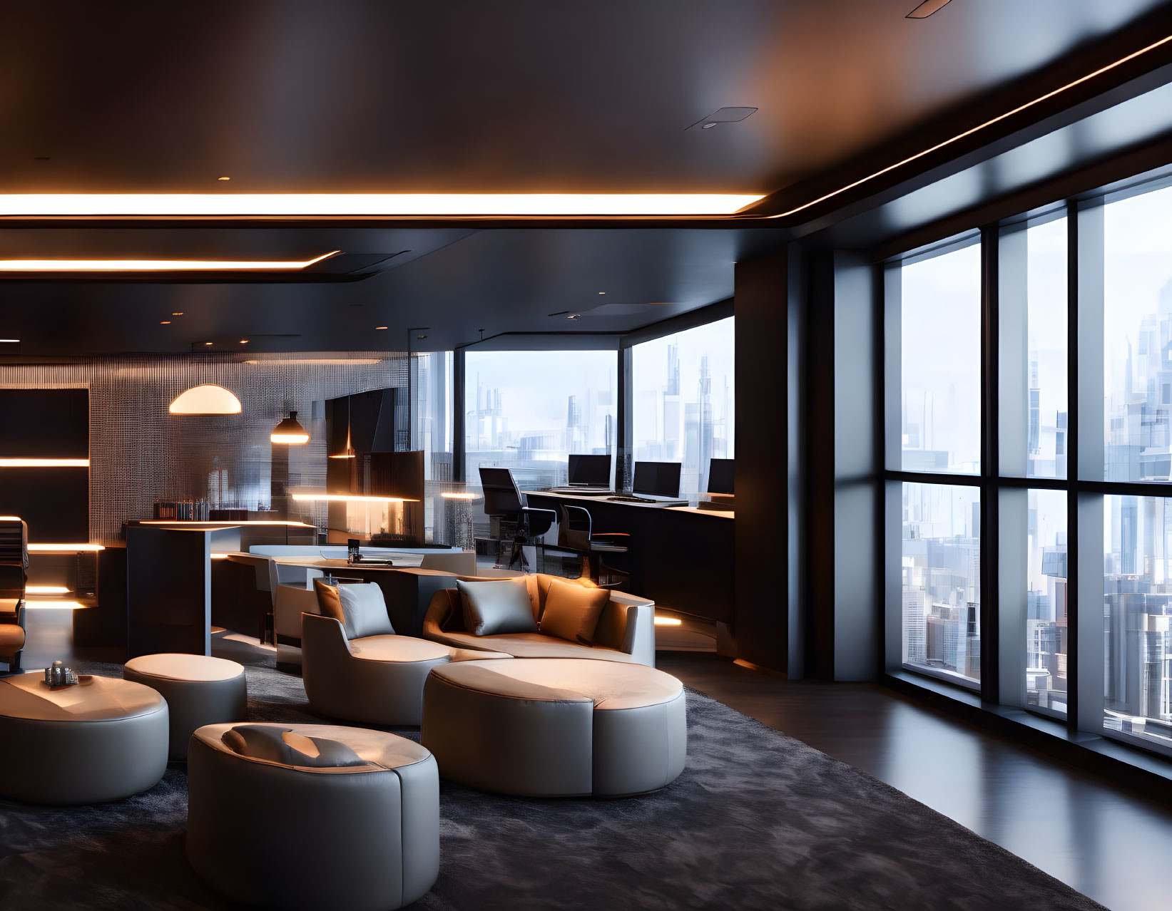 Sleek high-rise lounge with city views, chic furniture, ambient lighting, and bar.