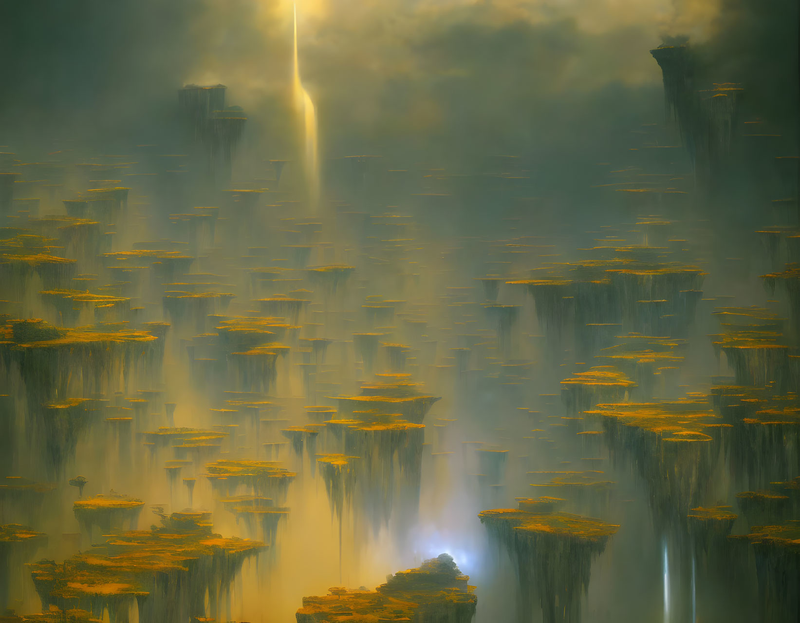 Misty landscape with towering rock pillars and radiant beam.