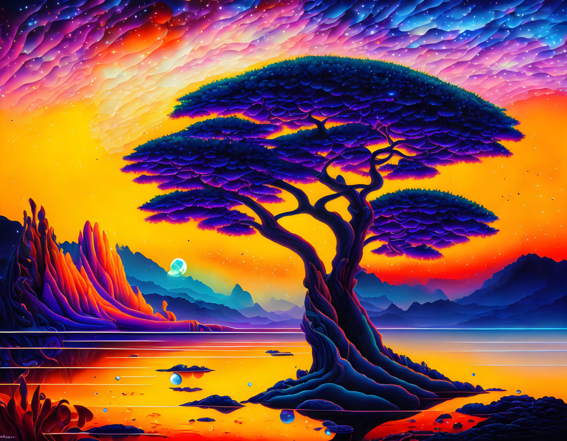 Colorful surreal landscape with purple tree, orange sky, and mountains