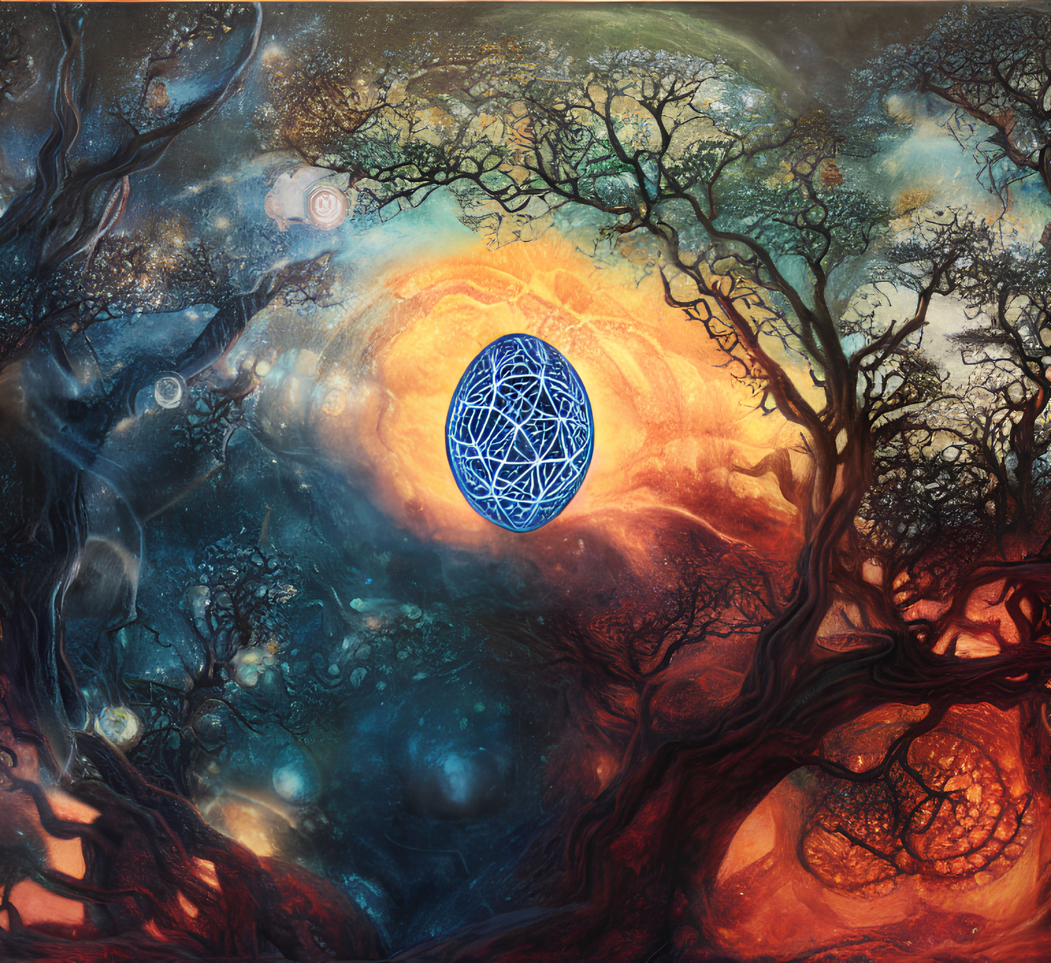 Fantasy landscape with blue symbol, celestial orbs, gnarled trees, cosmic sky