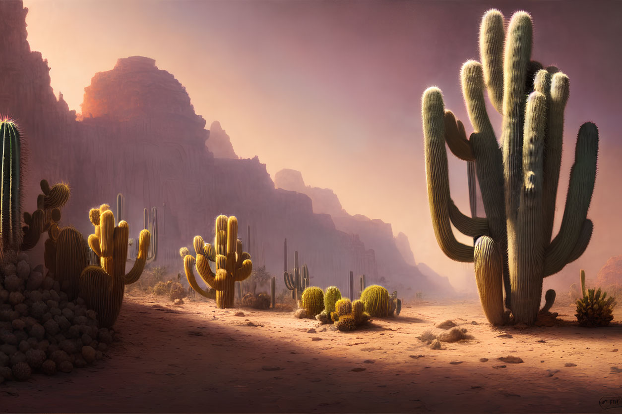 Sunset desert landscape with tall cacti and rocky mesas