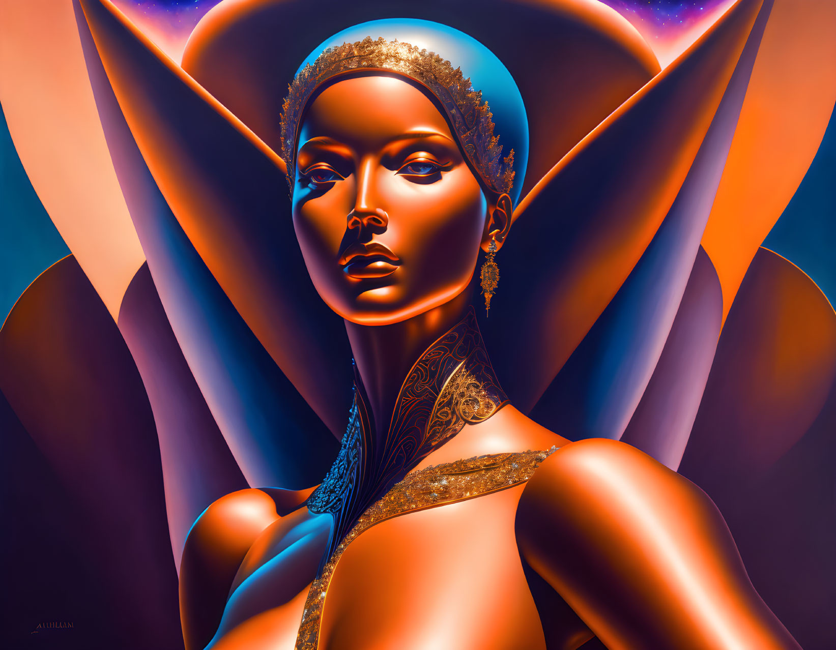 Digital Artwork: Woman with Golden Skin & Regal Headdress on Colorful Futuristic Backdrop