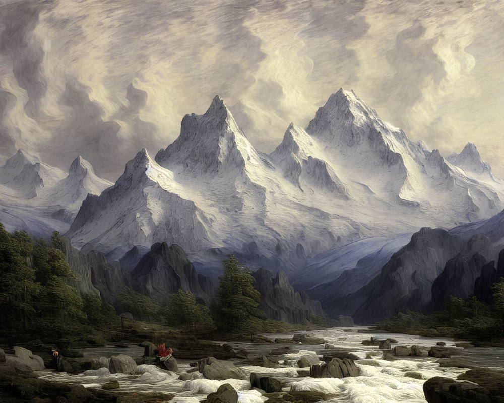 Snow-capped mountains painting with river and figures