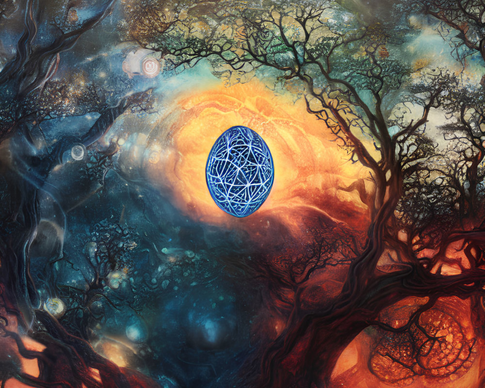 Fantasy landscape with blue symbol, celestial orbs, gnarled trees, cosmic sky
