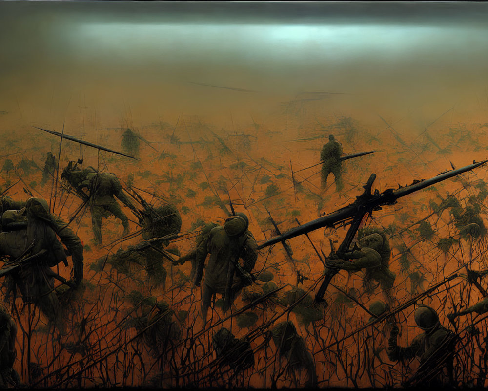 Silhouette soldiers in misty battlefield with rifles and bayonets