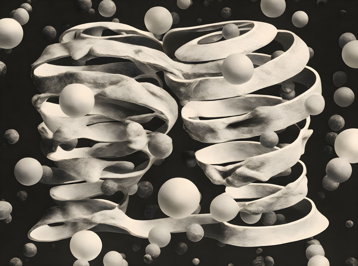 Abstract grayscale image with ribbon-like structures and spheres on dark background