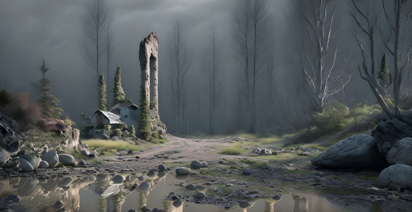 Abandoned cottage and stone monolith in misty forest