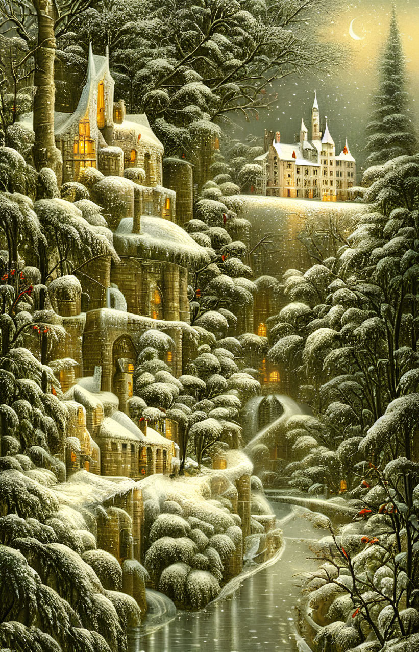 Snowy Winter Landscape with Stone House and Castle at Night