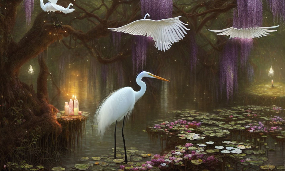 Tranquil forest scene with white egret, water lilies, and ancient trees