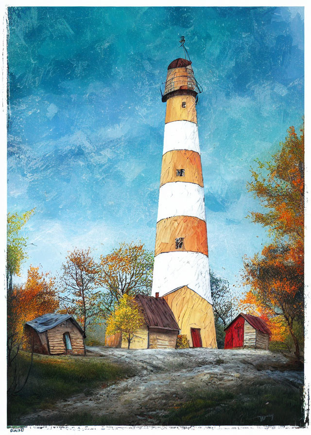 Striped lighthouse painting with autumn trees and buildings under blue sky