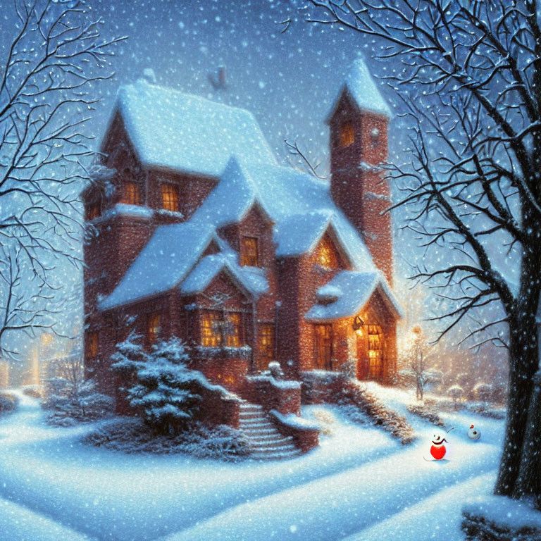 Snow-covered house with illuminated windows in twilight setting with falling snowflakes and red birds.