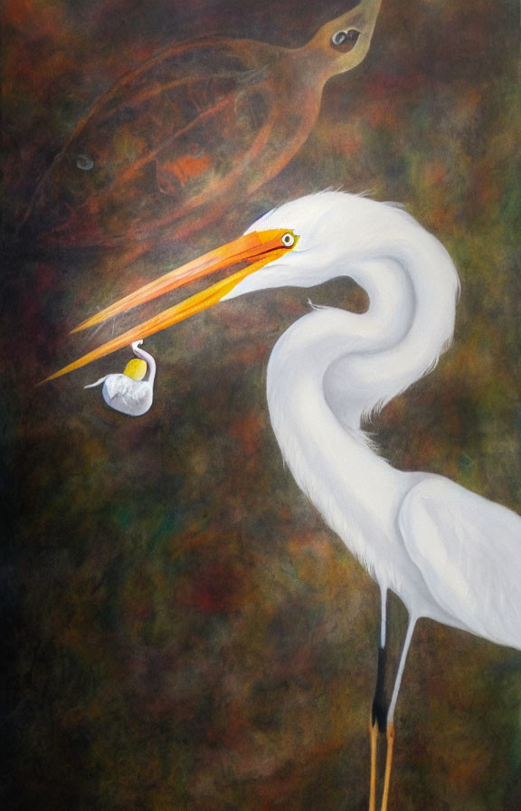 White Egret with Yellow Beak Holding Fish in Muted Background